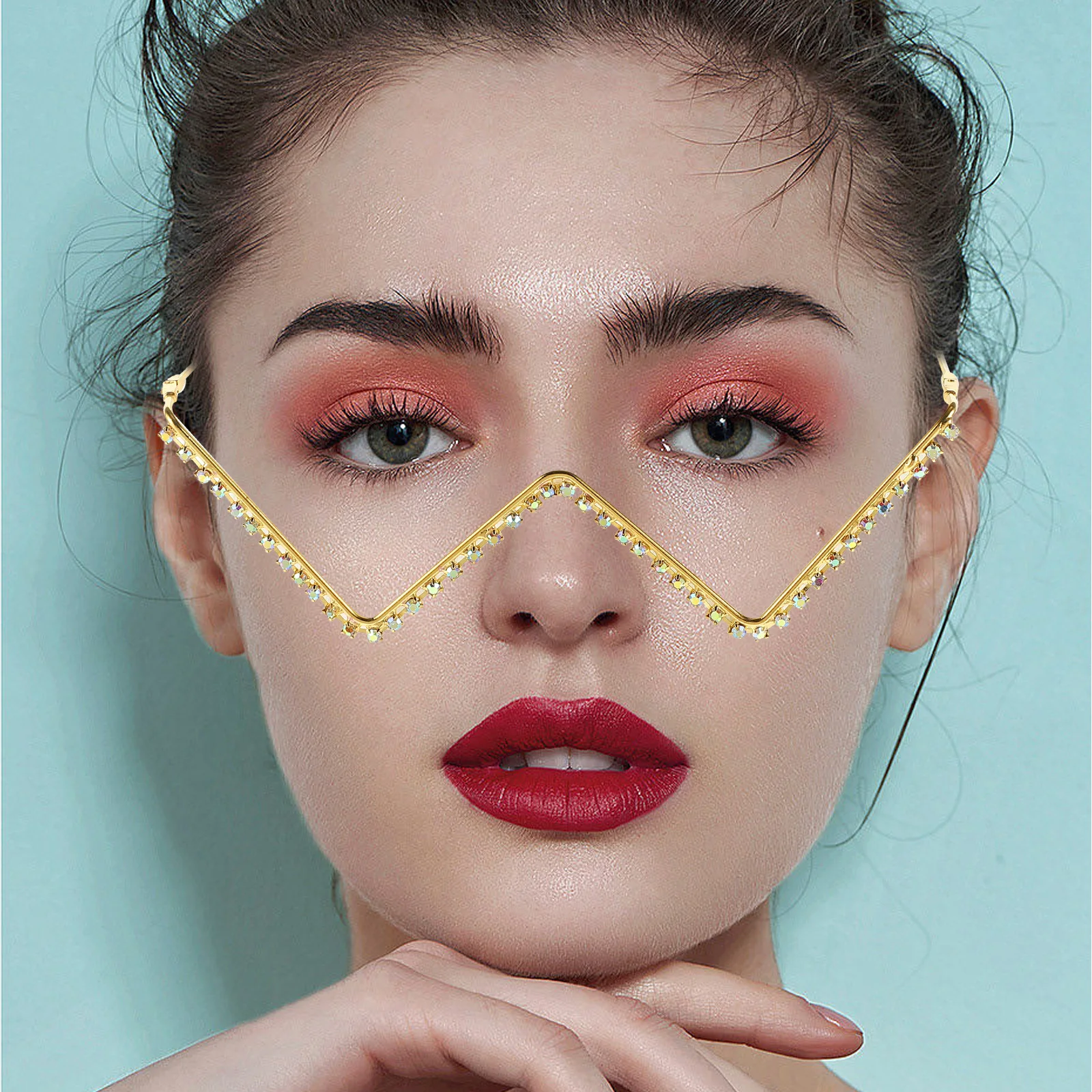 

Rhinestone Eyeglasses Frames Half Circle Punk Metal Decorative Glasses Frame Sparkling Rhinestones Costume Accessories For Women