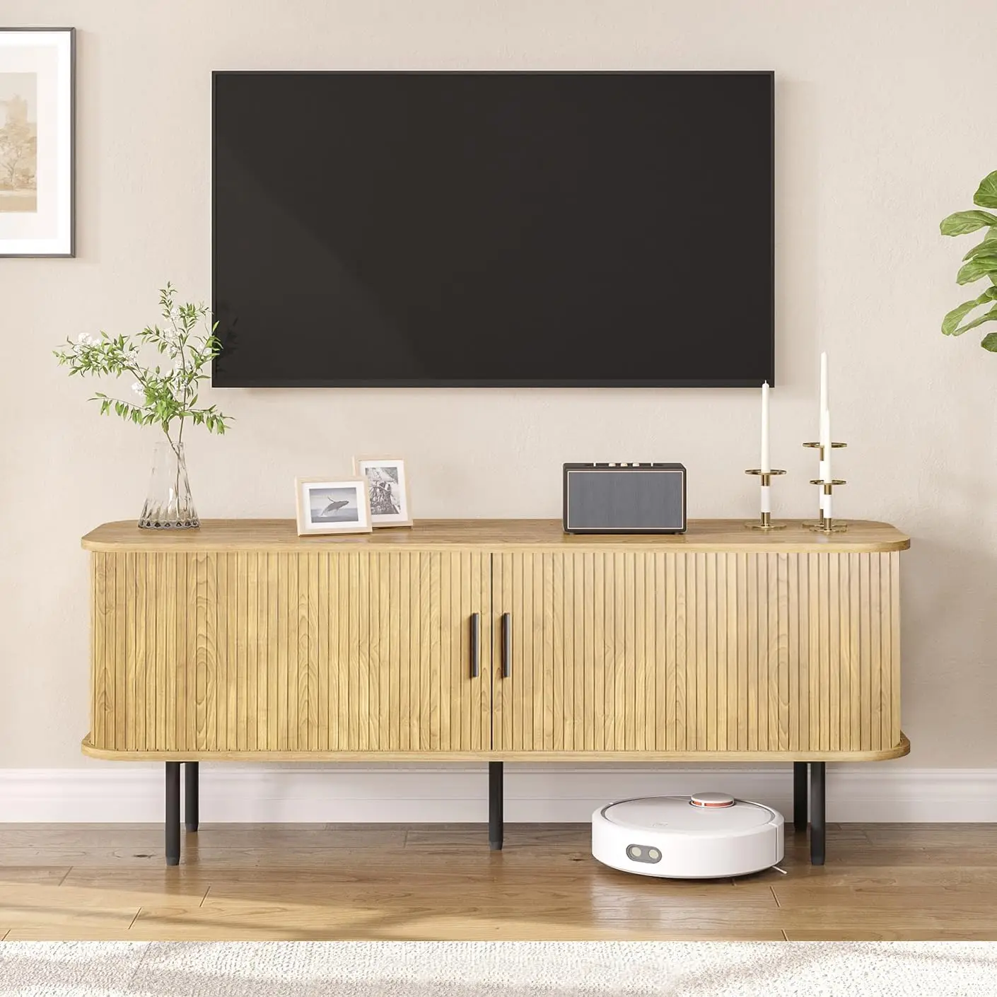 55" Natural Fluted TV Stand for TVs up to 65 Inch, Gaming Entertainment Center with Tambour Slatted Sliding Doors and St