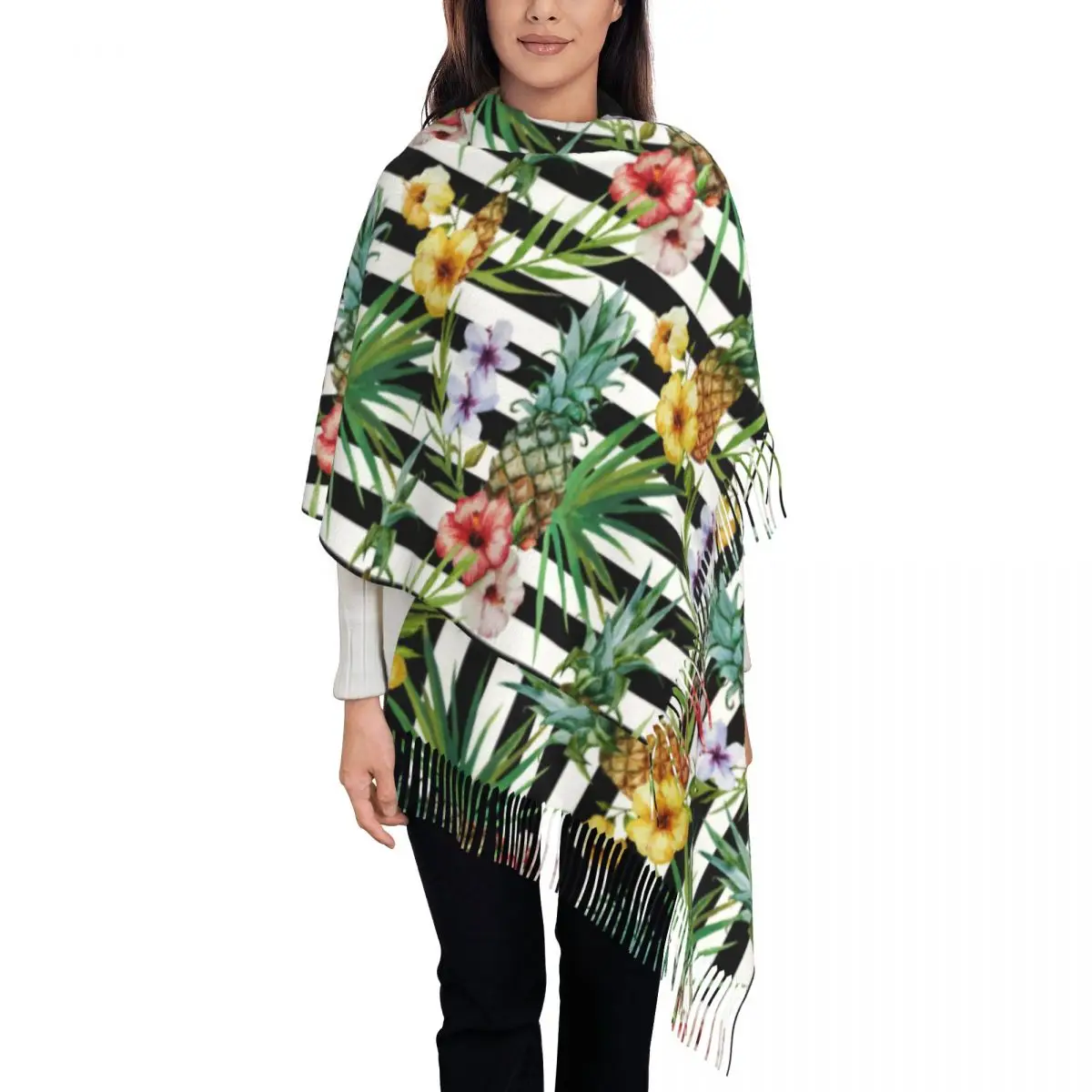 

Женский шарф, тропические ранцы с кисточками в черную полоску