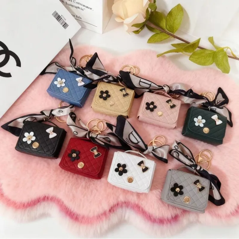 Fashion PU Leather Mini Earphone Storage Bag Keychain Pendant Floral Bow Decor Bluetooth Headset Protective Case With Silk Scarf