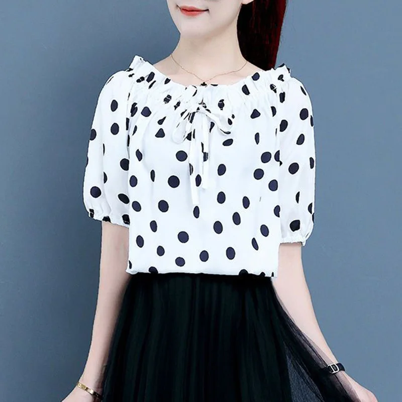 Stylish Loose Shirring Lace Up Bow Polka Dot Blouse Women\'s Clothing 2023 Summer New Casual Pullovers Sweet Puff Sleeve Shirt