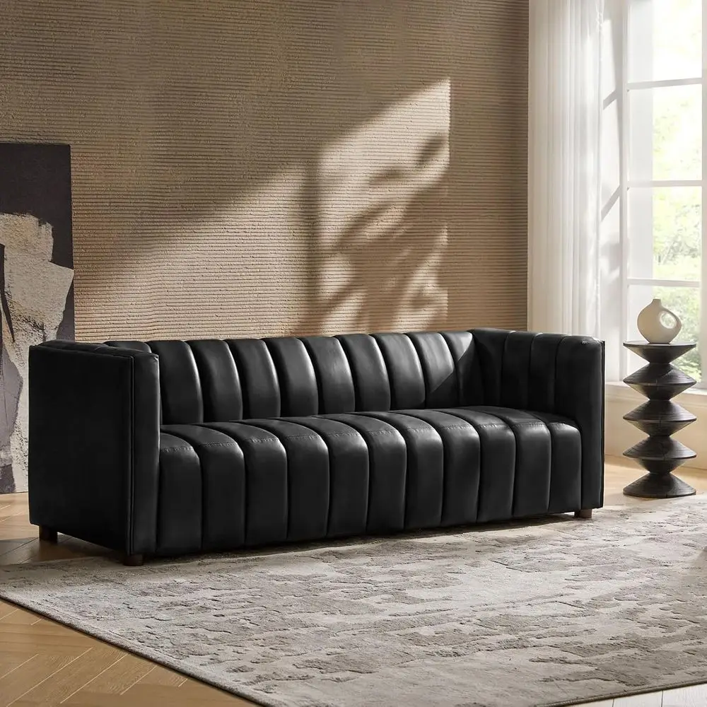 

83 Premium Leather Sofa with Channel-Stitched Design, 3-Seat Living Room Couch, Oversized with Wooden Legs, Black