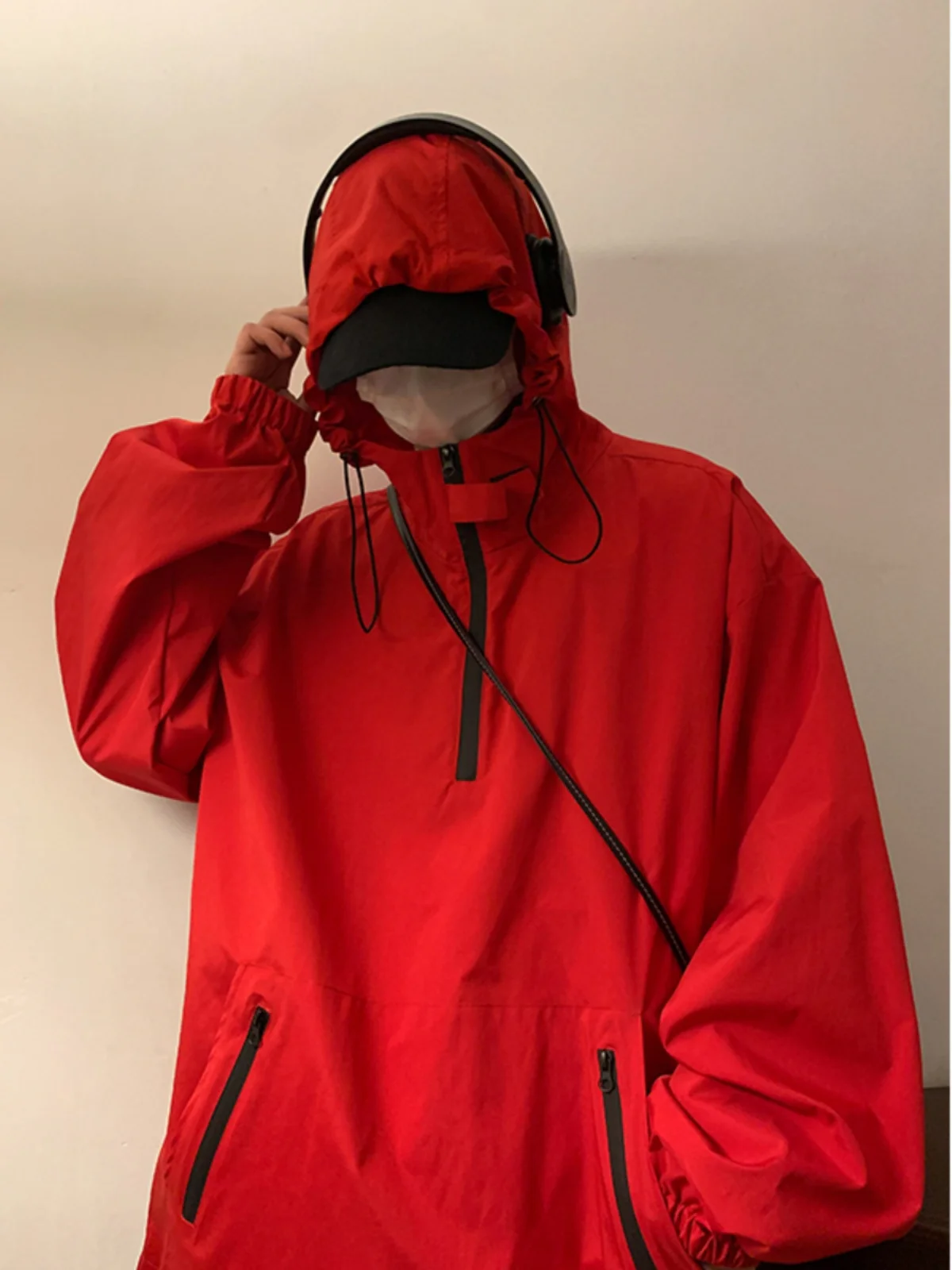 

Red Hooded Jaet for Men Spring Autumn New Sle High Street Vibe Functional Windbreaker Coat Loose Fit Zipper Decoration