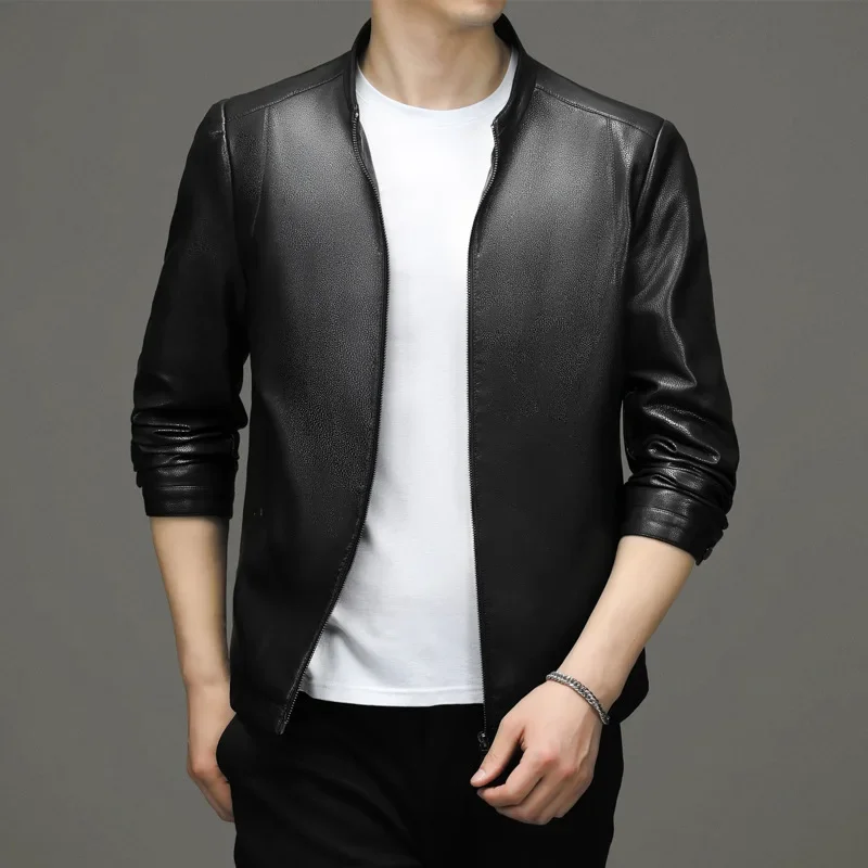 

Clothing Men Thin Solid Color Stand Collar Short Biker Leather Jacket Autumn New Men Casual Large Size All-match PU Leather