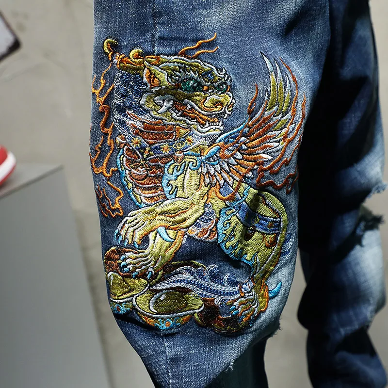 Chinese Style Embroidery Jeans Men's High Street Design Sense Embroidered Slim Fit Pu Shuai Scratch Retro Street Long Skinny Pan