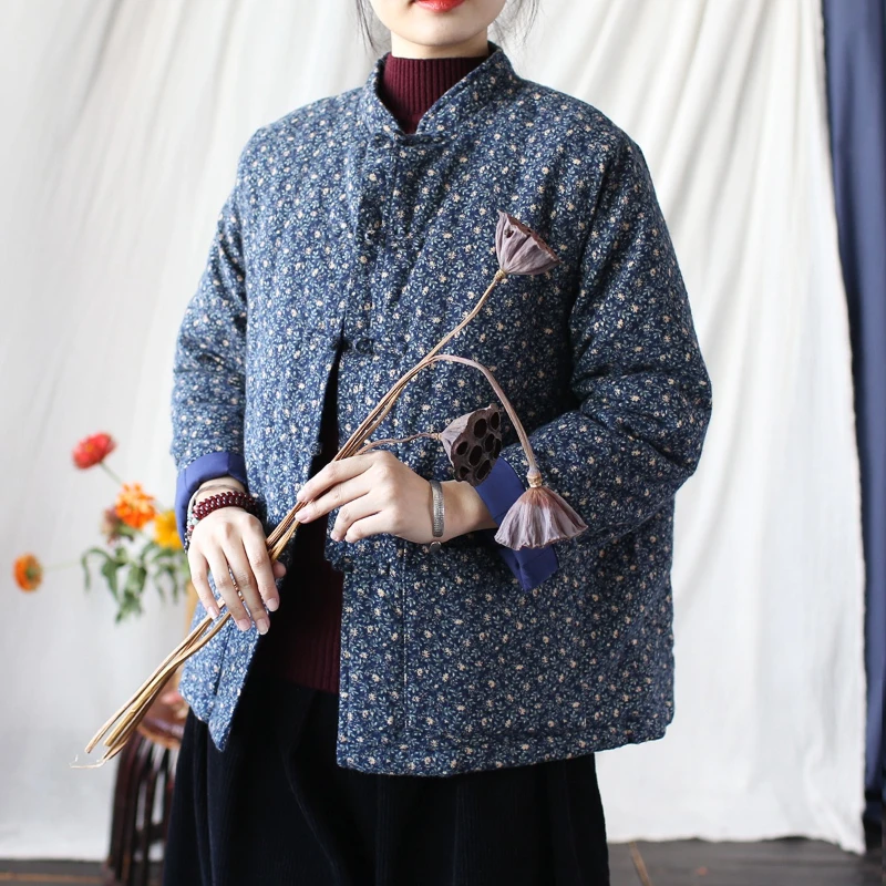 

Women Casual Quilted Coats New 2025 Autumn Winter Chinese Style Floral Printed High Quality Female Cotton Linen Padded Jackets