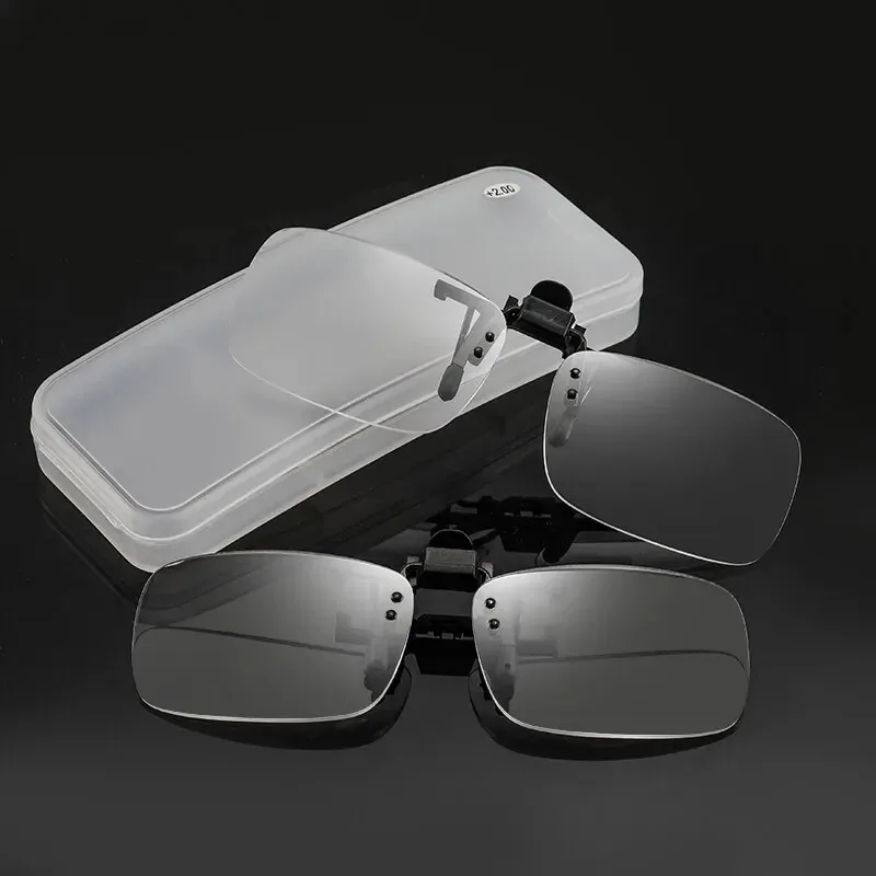Vergrößerungs-Clip auf Glas, randlose Linsen, Lesebrille für Herren, Lesesonnenbrille mit Dioptrien, Lupenlinsen mit Box