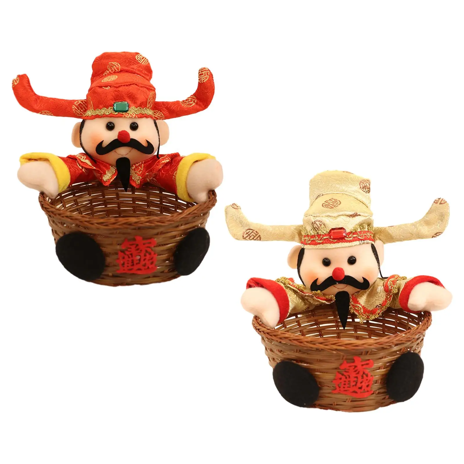 New Year Decoration Food Storage Basket Snack Tray Adorable God of Wealth Doll Hand Woven Basket Container for Living Room