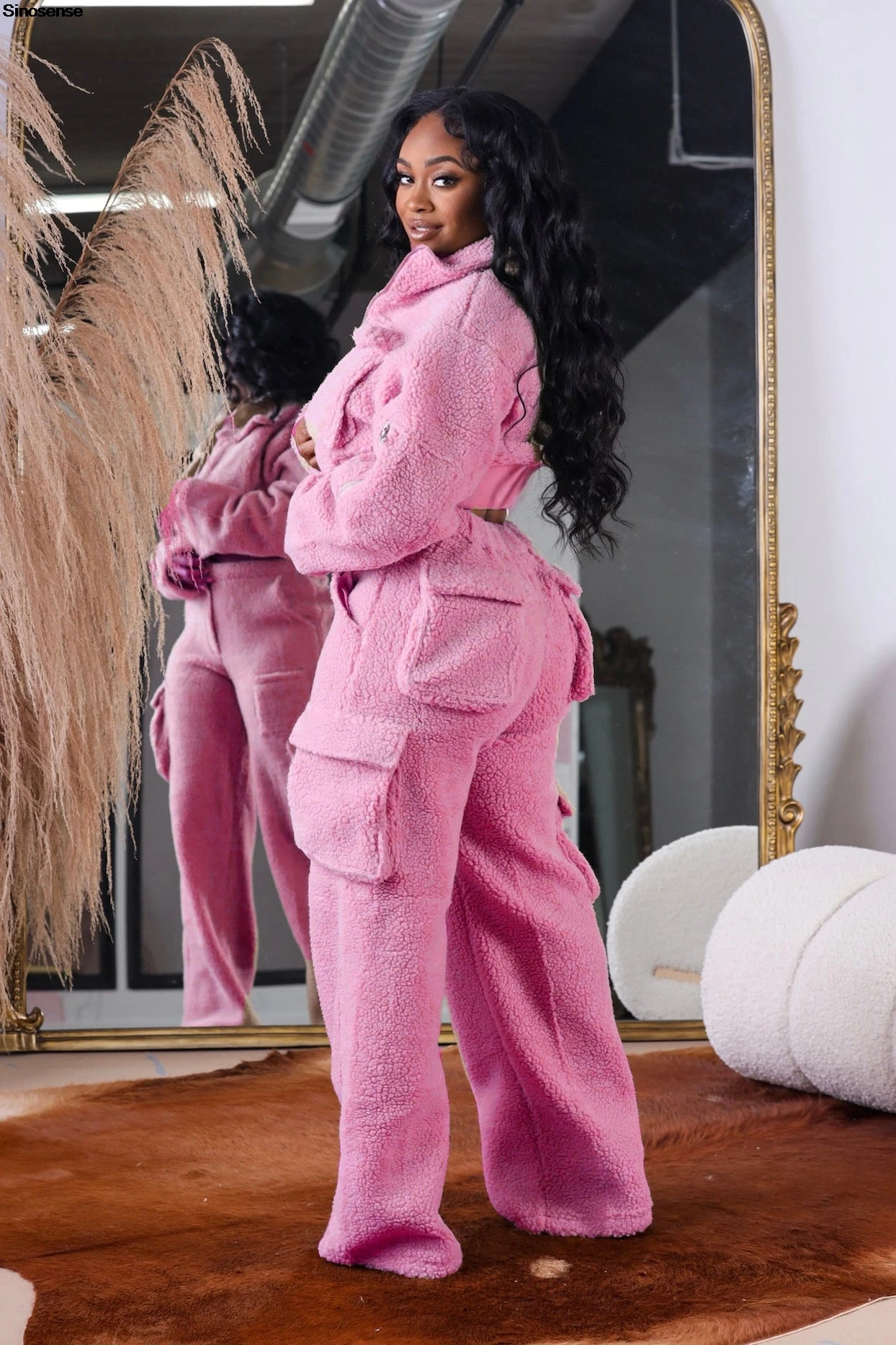 Women Fuzzy Fleece 2 Piece Outfits Sweatsuit Long Sleeve Zip Crop Jacket Cargo Pants Outdoors Street Daily Casual Two Piece Sets