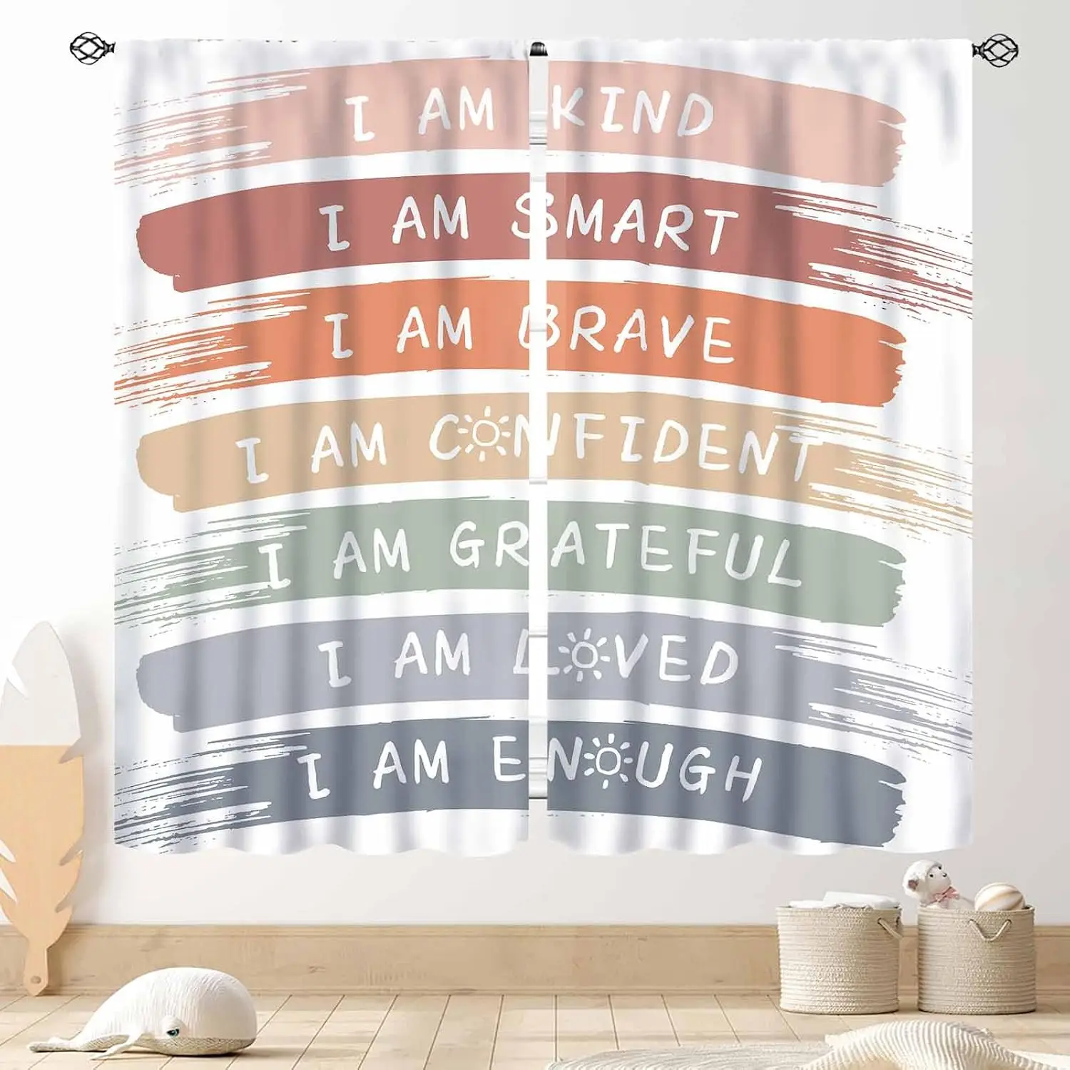 Pastel Brush Stripe Curtain Panels, Neutral Warm Tone Inspirational Self Confident Simple Nursery Pattern Drapes For Decoration