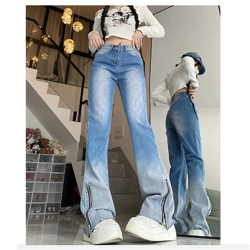 Y2k celana panjang Jeans wanita, celana panjang Denim ramping gradien Streetwear bergaya antik ritsleting pinggang tinggi untuk wanita 2023