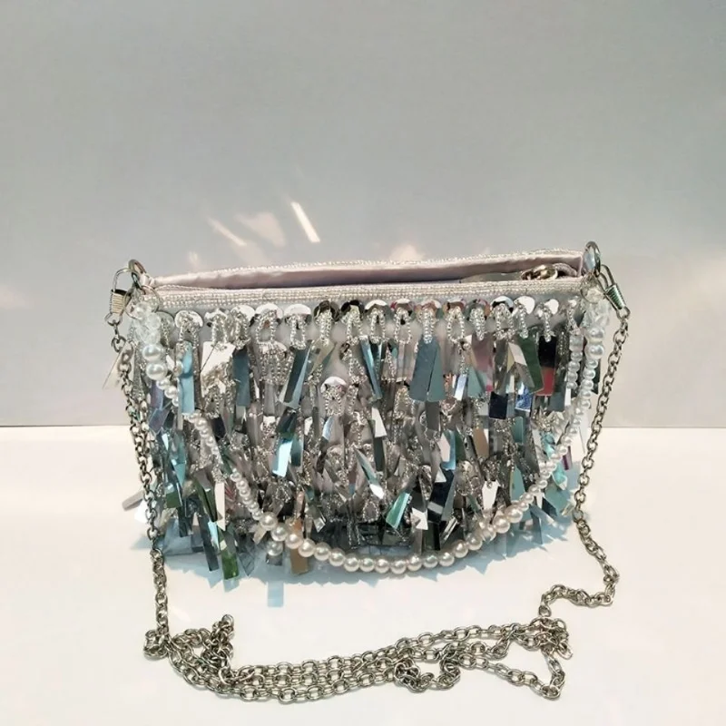 

Silver Sequin Rhinestone Tassel Women Crossbody Bags Handmade Beaded Ladies Party Evening Clutch Purse Fashion Handbags E581