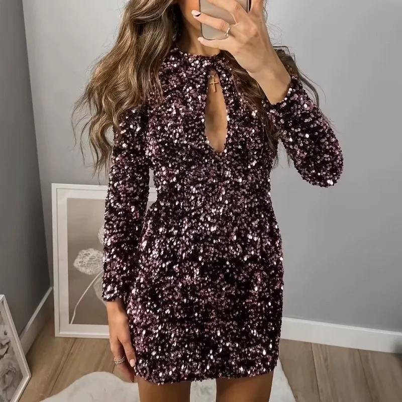 

YEMOGGY Elegant Fashion Full Sleeve Dresses for Autumn Winter Women's Dress 2023 New Slim Backless Sequin V-neck Mini Sexy Dress