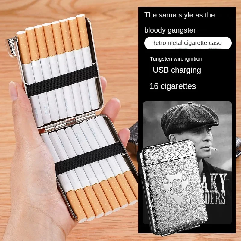 New cigarette lighter cigarette case USB rechargeable lighter movie same style 16-pack standard cigarette case men\'s smoking set