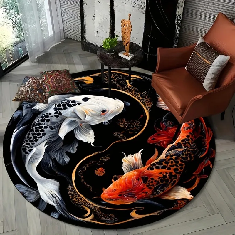 3D Yin Yang Koi Rug Vibrant Cartoon Fish Design Round Carpet for Living Room, Bedroom & Chairs - A Stylish Home Decor Gift