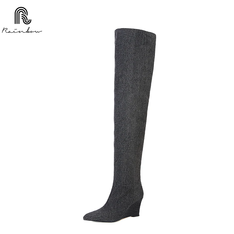 RAINBOW 34-42 New Black Denim Long Boots Pleated Pile Up Boots Slope Heel New Knee Length Street Retro Women Shoes Pointed Toe