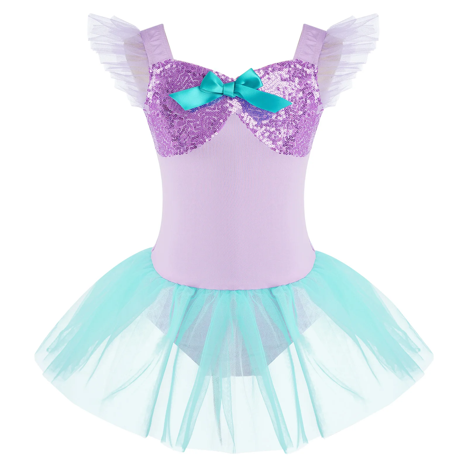 Kids Girls Tutu Ballet Ballerina Dance Practice Performance Costume Ruffled Sleeves Bow Sequin Leotards Patchwork Tulle Skirted