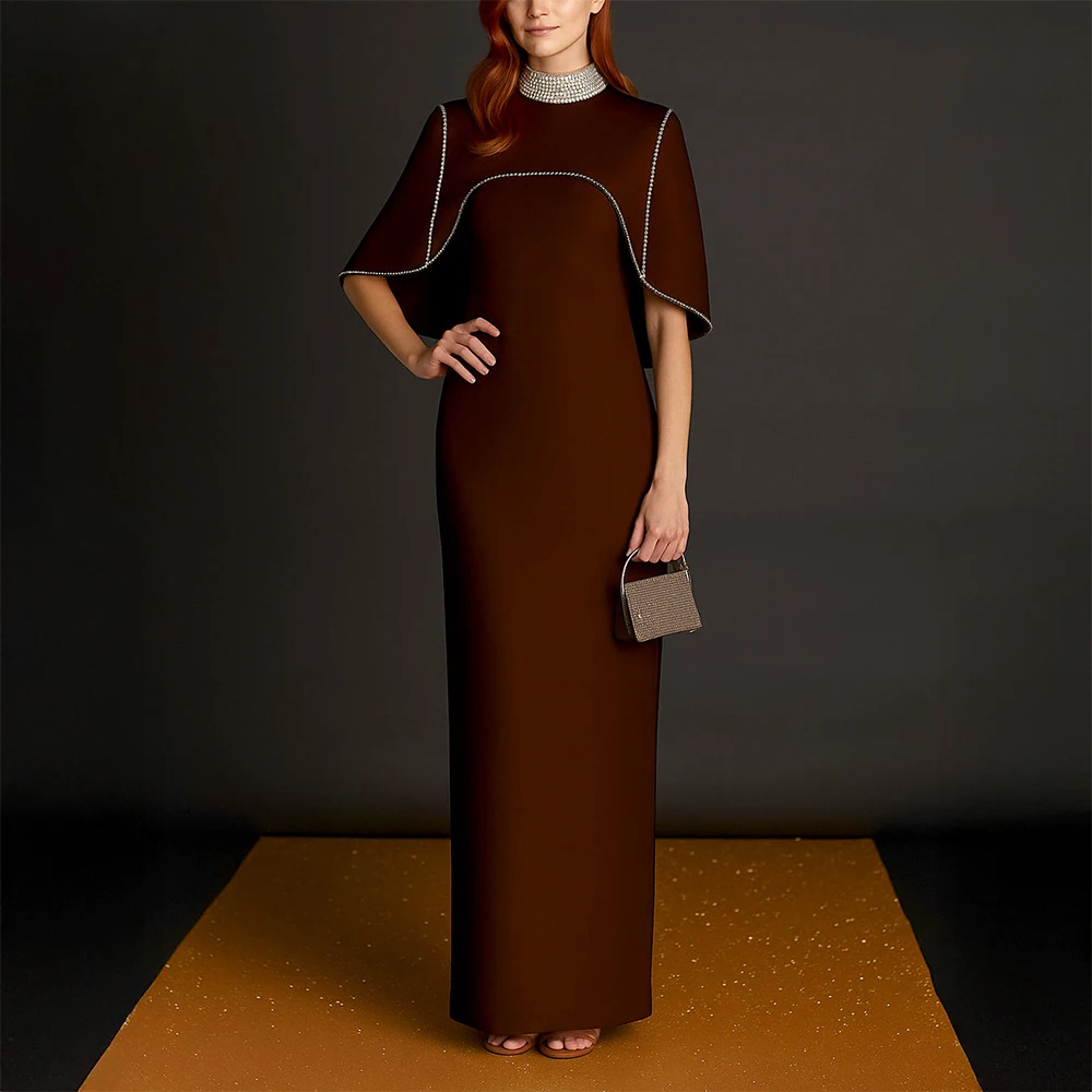 

Modern Mother of the Bride Dress Crystal High Collar Cape Column Wedding Guest Gowns for Women 2025 Back Split Formal Party Gown