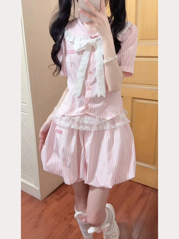 

Kawaii Pink Striped Skirt Set Women Short Sleeve Bow Tops + Mimi Fluffy Skirt New Sweet Lolita Japanese Cute Summer 2 Piece Set