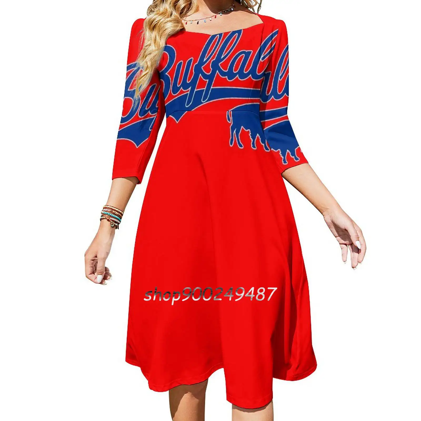 Vintage Bills Mafia Ny Buffalo Football Blue Art New York Square Neck Dress Cute Loose Print Dresses Elegant Beach Party Dress