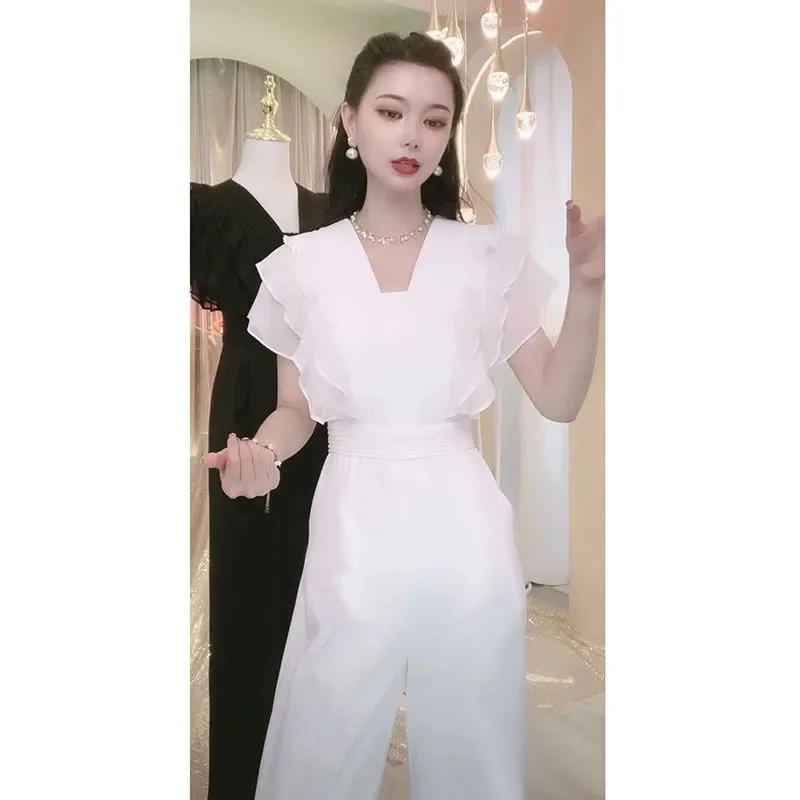 

2026 Summer Elegant V-neck Sleeveless Waist Wrapped Jumpsuit for Women's Korean Fashion Slim High Waist Drop Wide Leg Pants