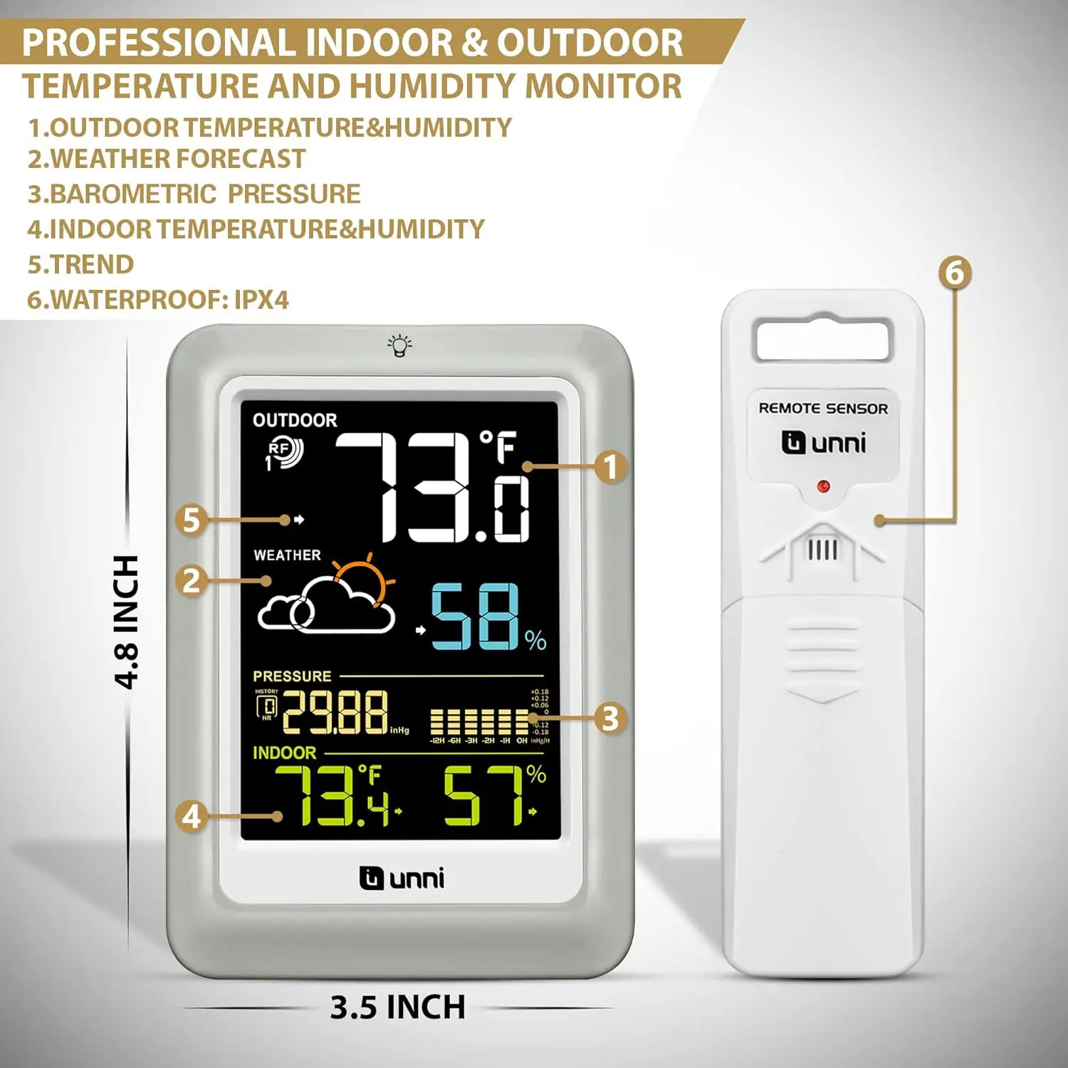Wireless Indoor Outdoor Thermometer with 330ft Range, Adjustable Backlight, Weather Station Monitor