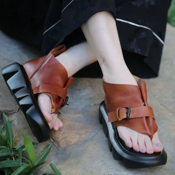 

Birkuir Open Toe Flip Flops Sandals For Women Platform Thick Heel Sandals Buckle Genuine Leather Luxury Flat Heel Beach Slides