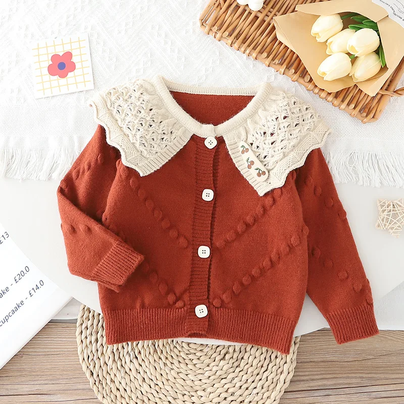

2-6Y Girls Knit Cardigan Spring Autumn Lace Peter Pan Collar Button-Down Textured Sweater Jacket