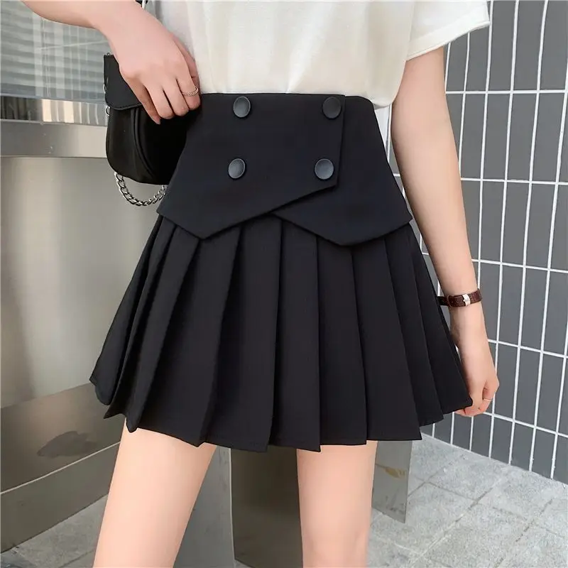 Personality Fashion Spliced High Street Double Breasted Design Skirt Korean Office Lady A-line Pleated Jupe All Match Lazy Skirt