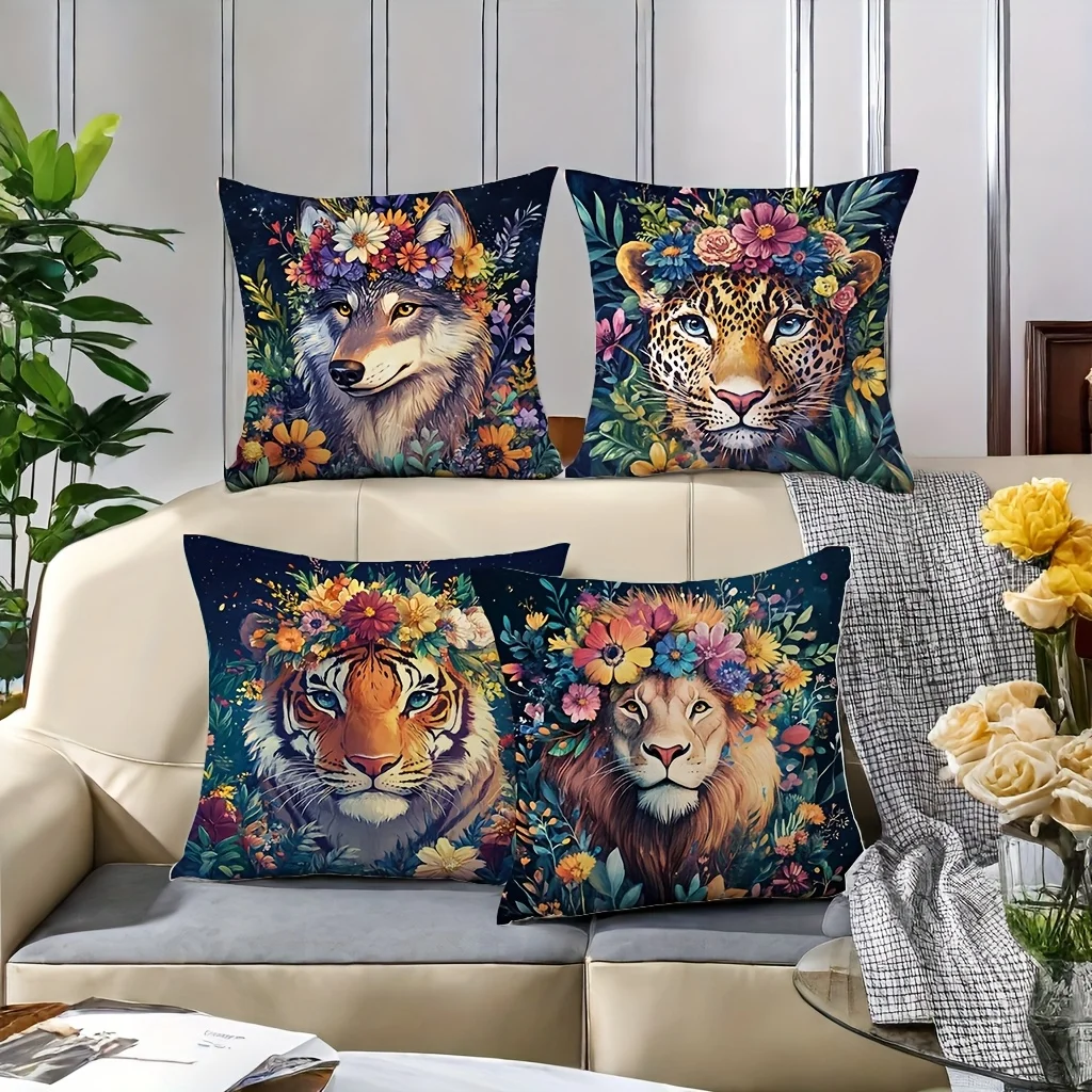 -4pcs set, printed pillowcase. Patterns include wolf, leopard, tiger, lion, plants and flowers, artistic, animal theme. Suitable