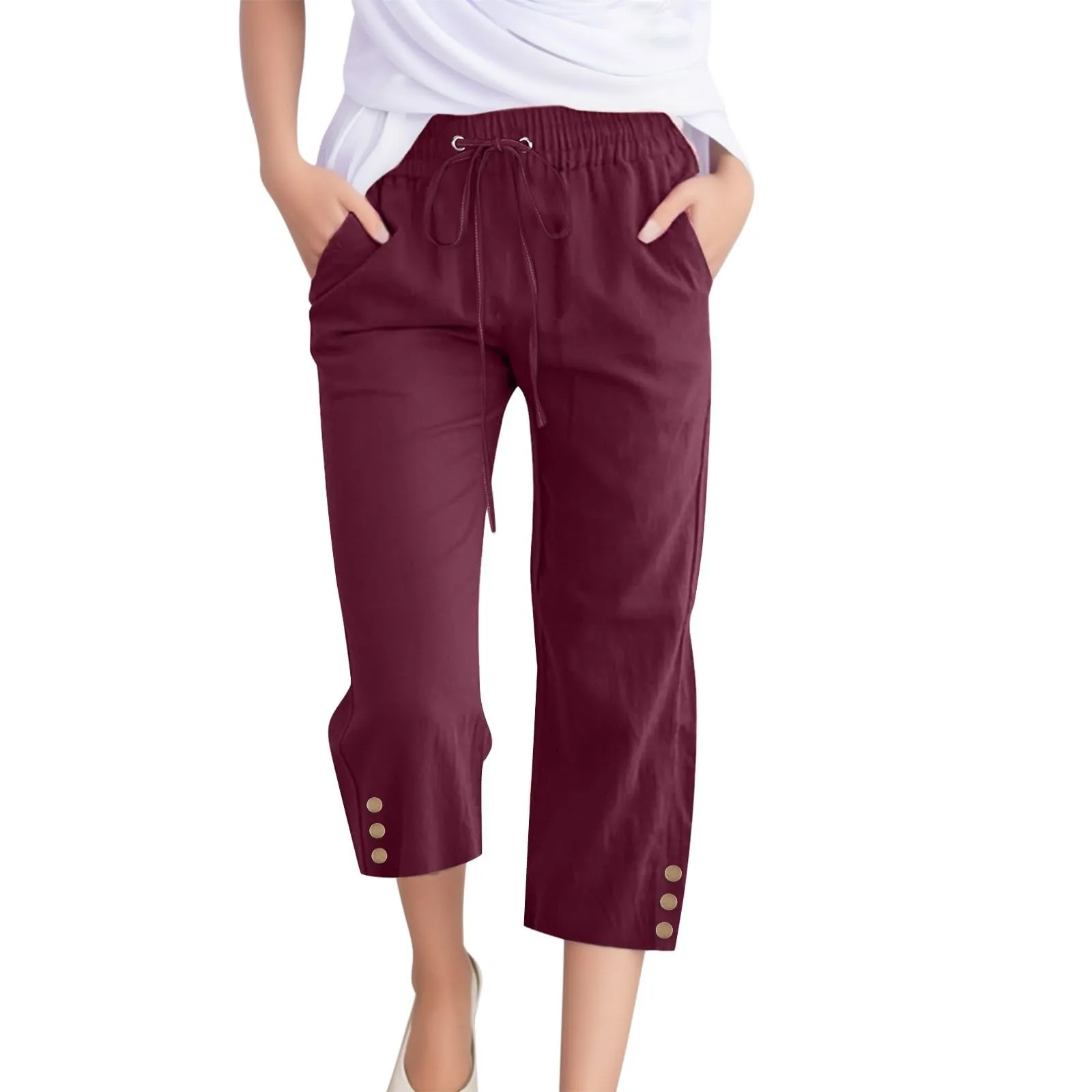 

Women Linen Pants Fashion Elegant Loose Casual Chic Side Pockets Office Vintage Drawstring High-waist Straight Pants Female