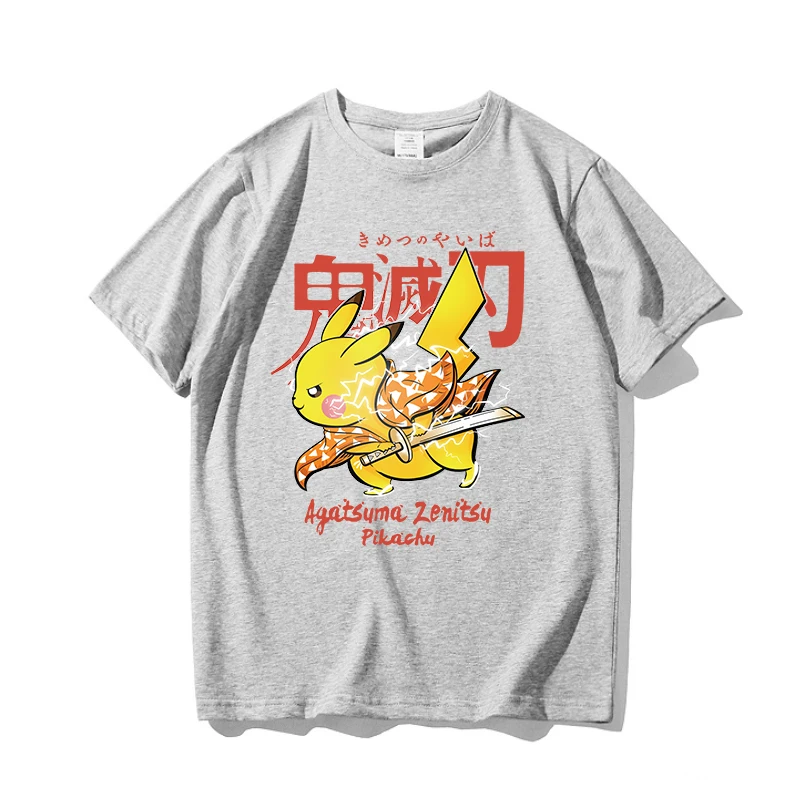 Japanese Anime T-shirt Men's and Women's Demon Slayer Pikachu Graphic Short Sleeve Tops Loose Cotton T-Shirt for Men Clothing