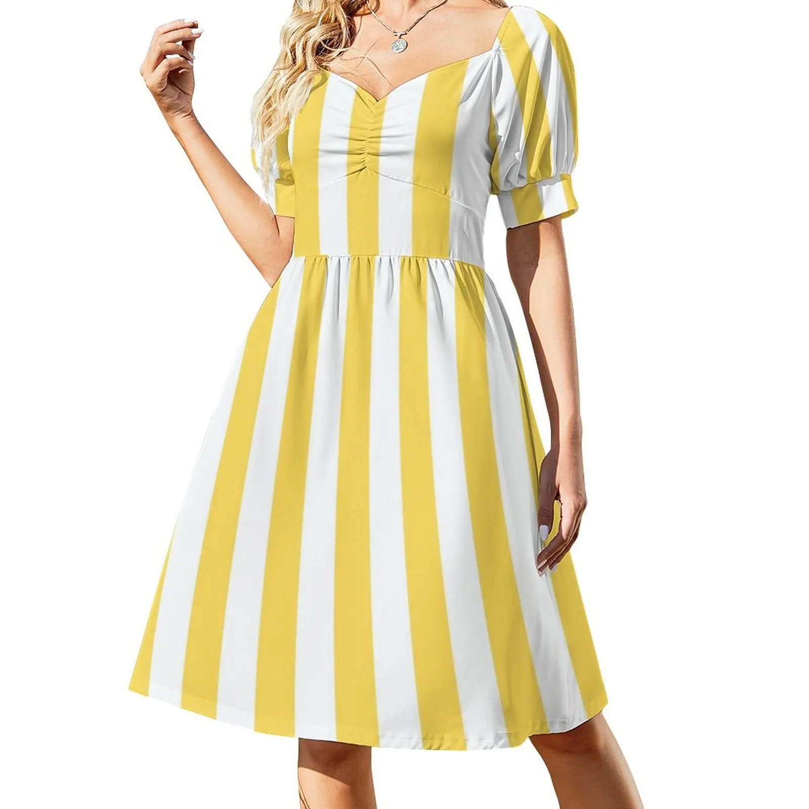 

Yellow and White Vertical Stripes Dress women clothes sexy short dresses daring dresses summer