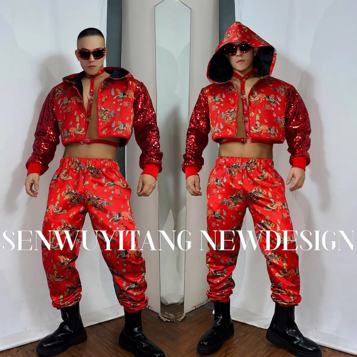 

New Red Printed Sports Set Nightclub Bar Male Female Singers Dance Team Sexy Stage Clothing Festival Party Theme Show Costume