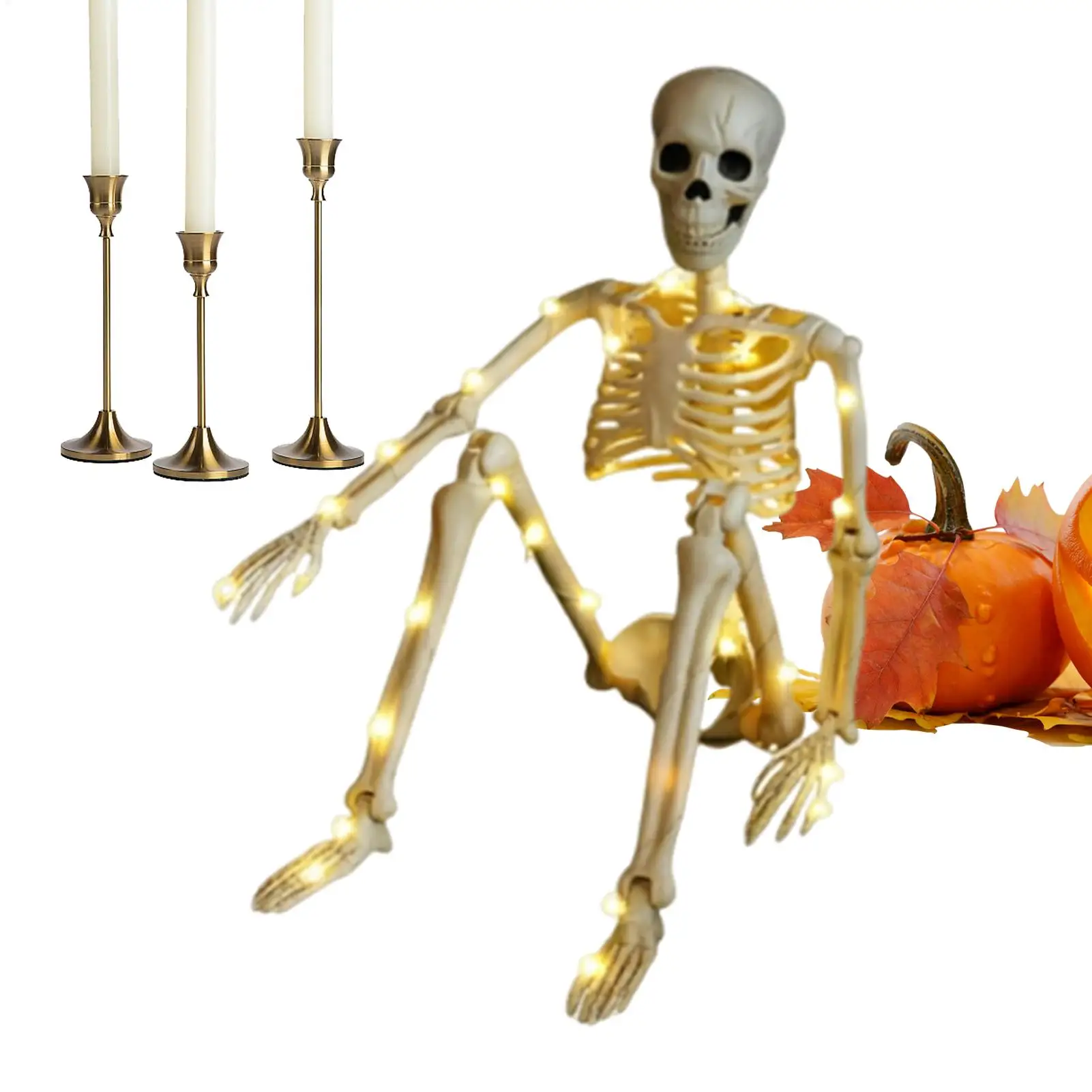 Skeletons For Halloween 90cm Horror Haunted House Prop With String Lights Posable Skeleton For Yard Patio Lawn Garden Indoor