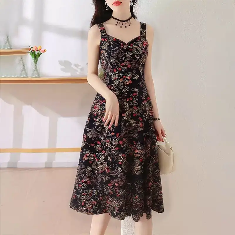 Nuovo stile donna estate moda sottile semplicità tendenza elegante sexy floreale retrò moda camis gonna a trapezio stampa elegante Dres