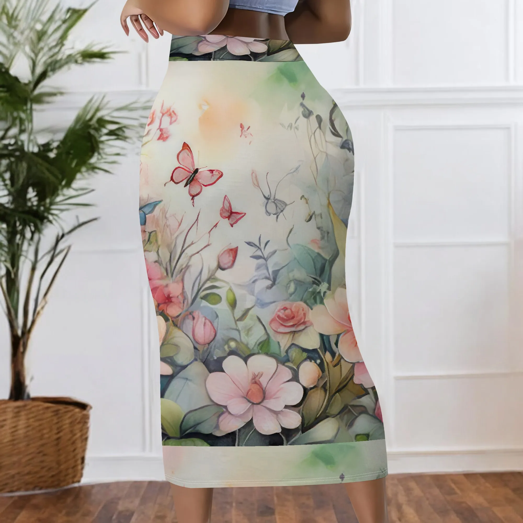 Blumenmuster-Rock, Schmetterlings-Bleistiftrock, Sommer-Midirock, Damen-Mode-Rock, Bürokleidung, S-2XL – Detail 4