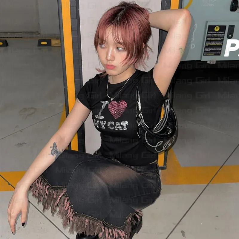 

I Love Cat Rhinestone Crop Tops Y2k 2000s Vintage Harajuku Women's T Shirt short sleeve Streetwear Summer Baby tee Girls Clothes