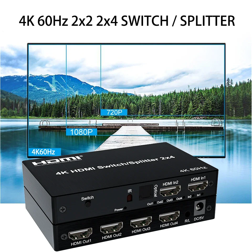 

4K 60hz HDMI Switch Splitter 2x2 2x4 Video Distributor 2 / 4 Out 3D Video Converter for PS4 DVD STB PC To TV Monitor Projector