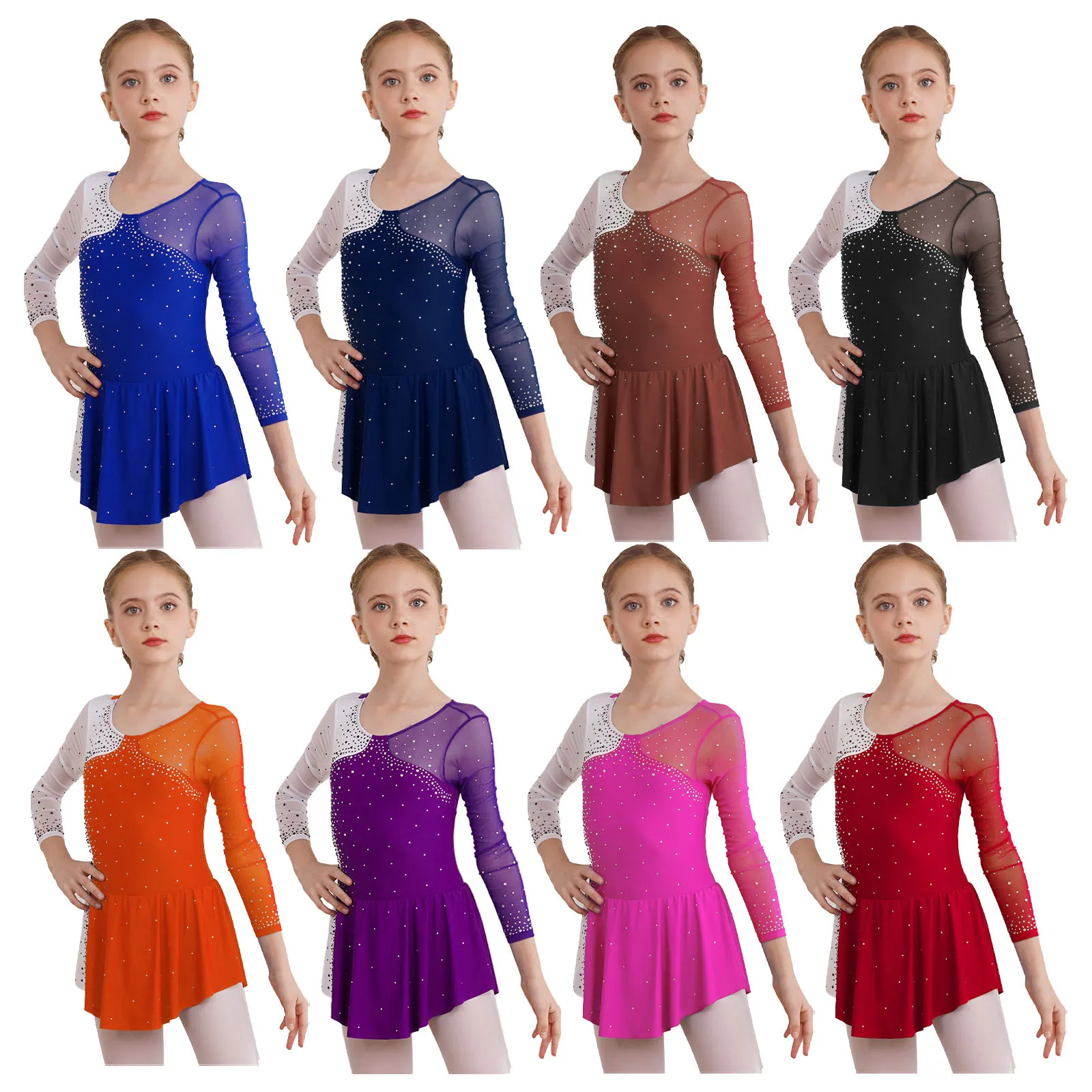 Kids Girls Ballet Gymnastics Leotard Dress Long Sleeves Lyrical Dance Ballerina Costumes with Keyhole Back for Figure Skating