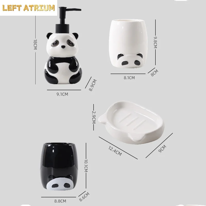4pcs Creative Panda Ceramic Lotion Bottle Soap Dish Mouthwash Cup Ceramic Cartoon Bathroom Kit Modern Bathroom Accessories