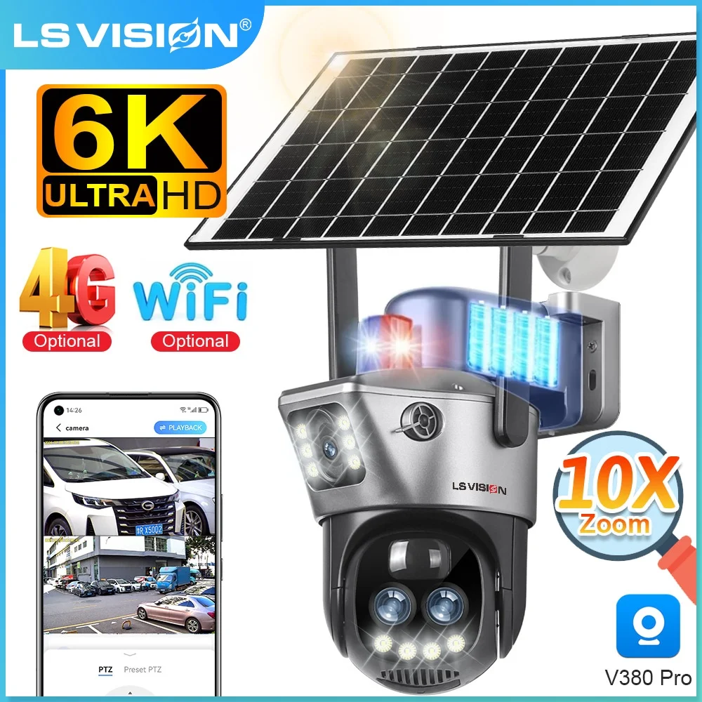 LS VISION 10x Zoom 4G Camera V380 Dual Screen Solar Camera Wifi IP Outdoor Human Detection Night Vision 12MP Security CCTV Cam