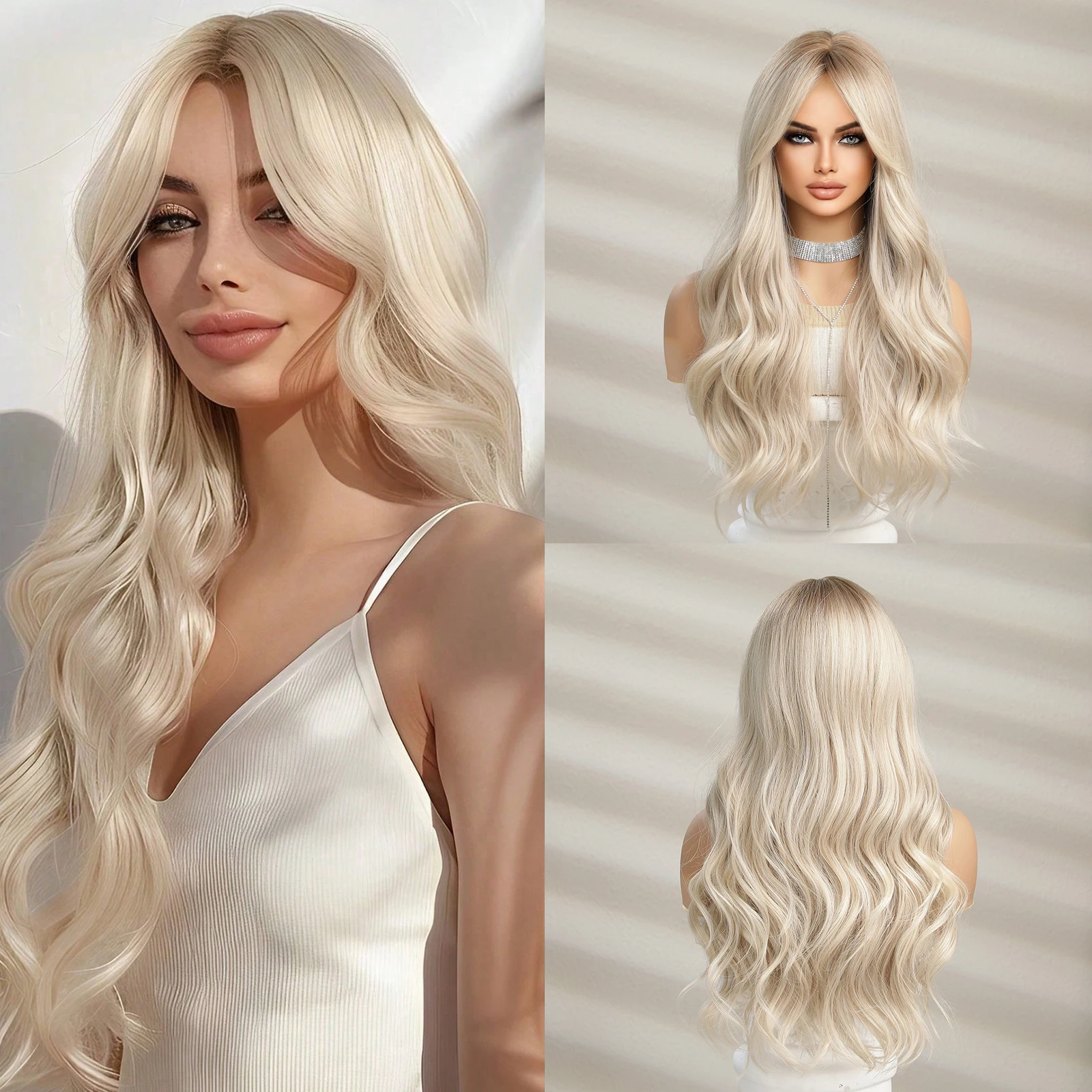 EASIHAIR Middle Part Platinum Blonde Wavy Hair Synthetic Wigs for Women Long Wavy Wigs With Side Bangs Heat Resistant Fiber