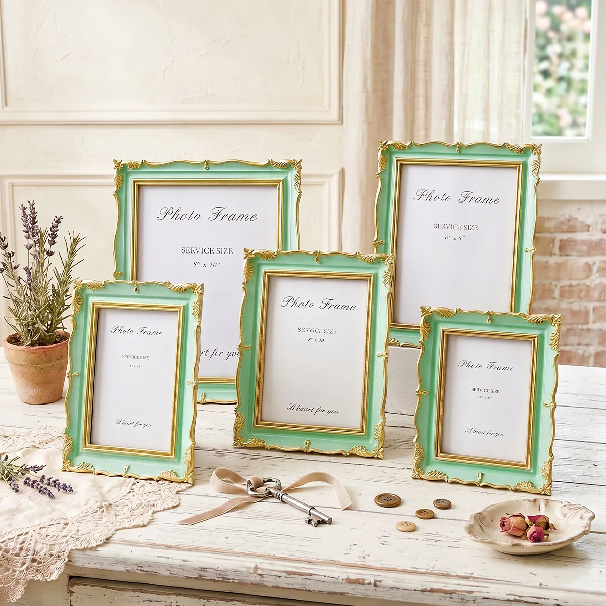 1PC, French Mint Green Gold-plated Wave-shaped Engraved Frame, Lace Resin Standing Display Stand, Three-dimensional Frame