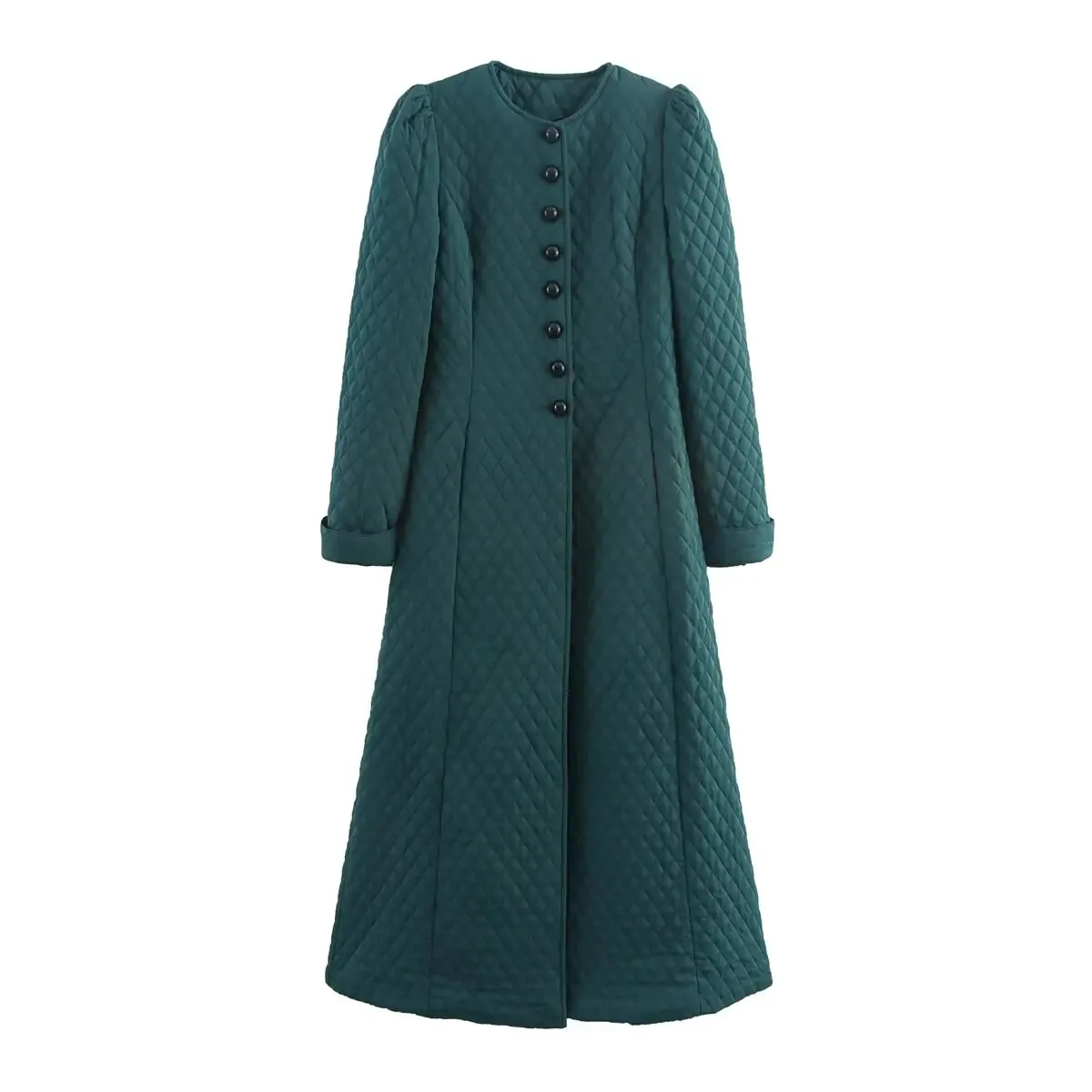 HH Autumn Winter New Women's Long Needle Small Diamond Plaid Jacket Female Round Neck Quilted Embroidered Waist Thermal Coat