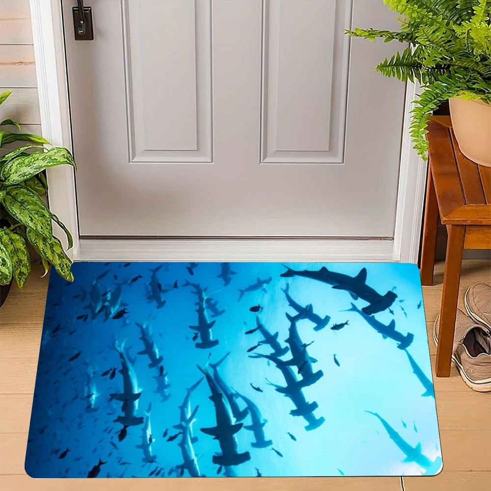 Ocean Creature Door Mat With Manta Ray Hammerhead Shark Great White Shark Underwater Light Sea Art Designs For Home Decor
