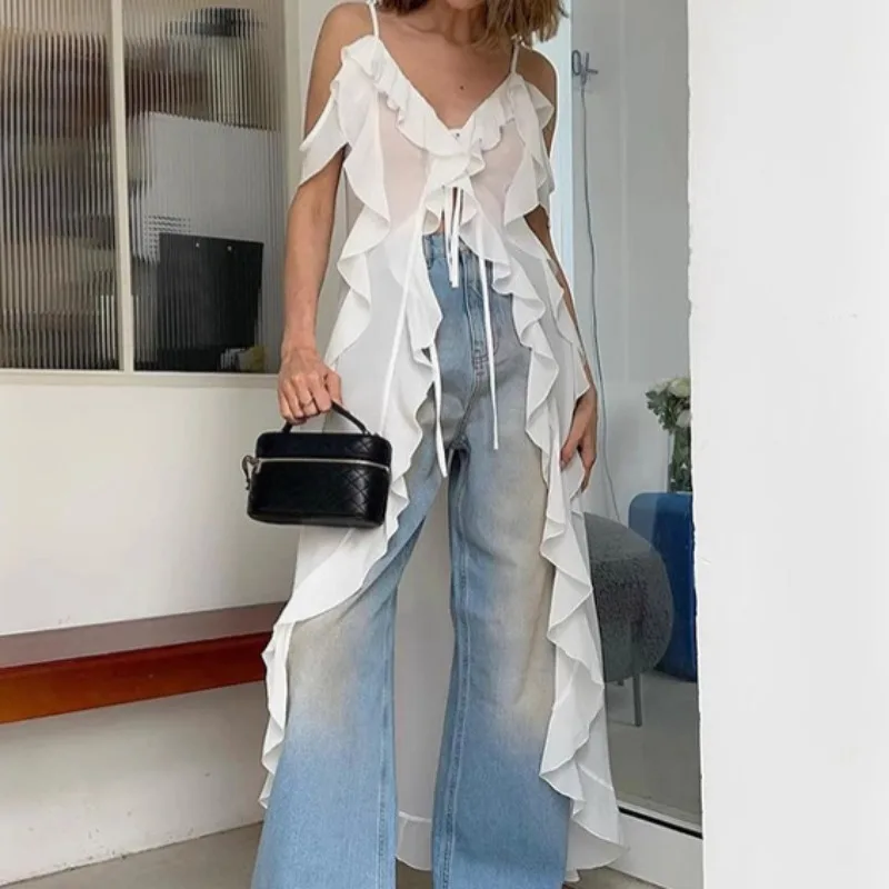 ผู้หญิงฤดูร้อนชีฟองลูกไม้ SHEER สีขาว Ruffles Slit V คอสายรัดปิดไหล่ Elegant ภาษาฝรั่งเศสคําหวานยาว Maxi ชุดชายหาดสบายๆ