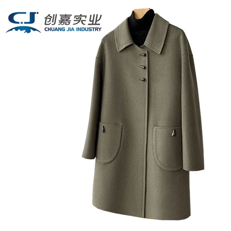 

Autumn Winter Ladies 100% Double-sided Cashmere Coat New Horn Button Wool Coat Temperament Elegant Generous Fashion Street Wear