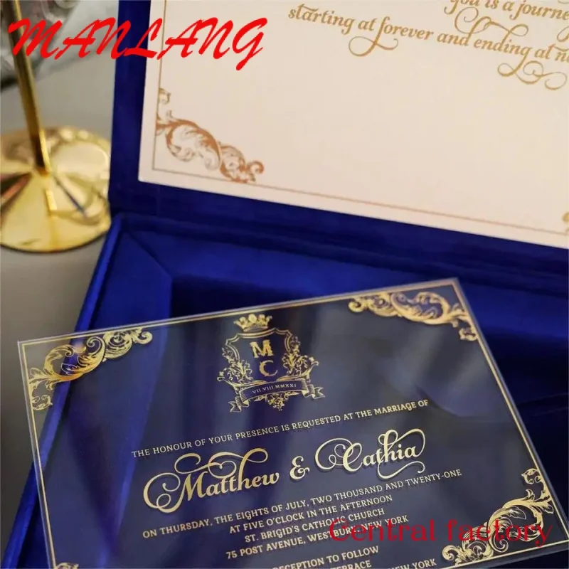 

Custom Luxury Royal Blue Velvet Box Invitations Wedding Invitation Card High Quality Acrylic Custom Logo Wedding Invitations