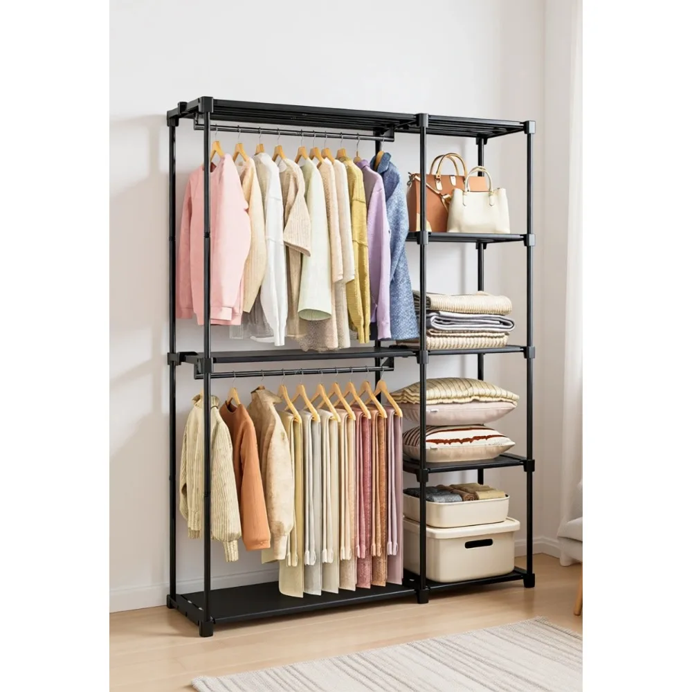 Freestanding Portable Closet with 4 Shelves and 2 Hanging Rods Open Wardrobe Storage Rack 48x16x63